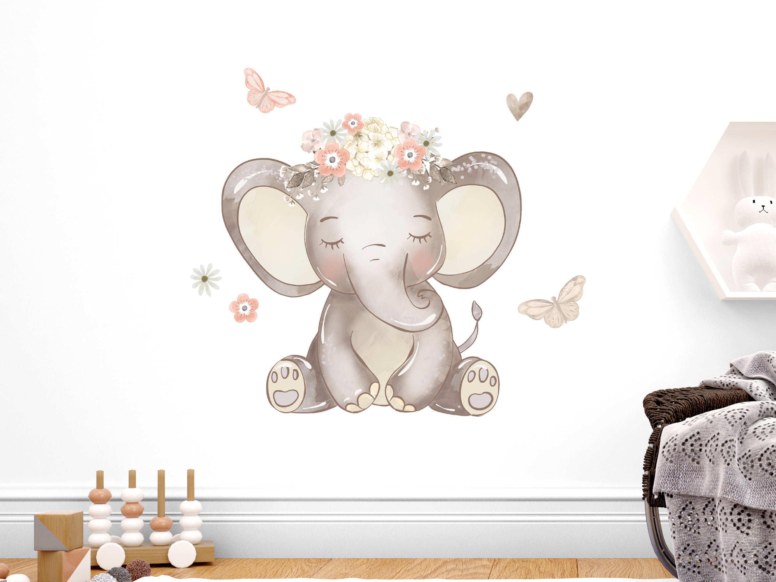 Süßer Baby Elefant: mit Schmetterlingen (Wandsticker/Wandtattoo) – Walls Mural